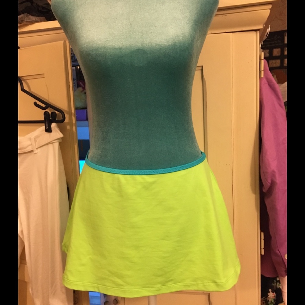 Vintage Bright Green Swim Skirt w/ Bright Blue Trim S/M made in USA 🇺🇸